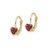14k Yellow Gold Heart Leverback Earrings with Garnet, Romantic Dangle Drops for Women