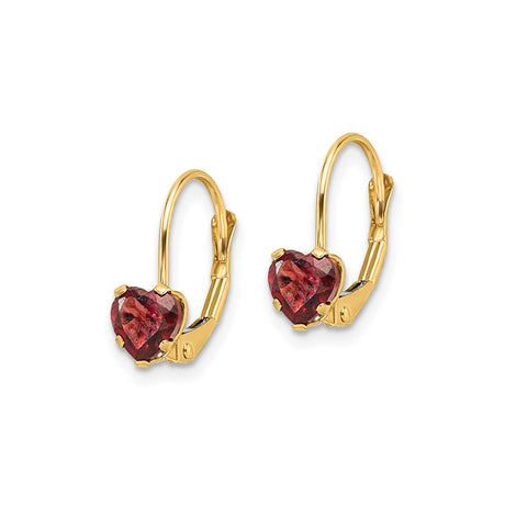 14k Yellow Gold Heart Leverback Earrings with Garnet, Romantic Dangle Drops for Women