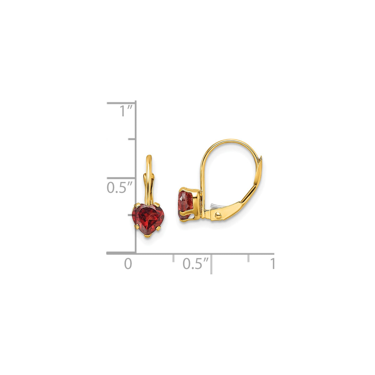 14k Yellow Gold Heart Leverback Earrings with Garnet, Romantic Dangle Drops for Women