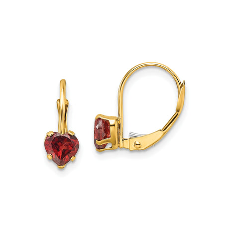 14k Yellow Gold Heart Leverback Earrings with Garnet, Romantic Dangle Drops for Women