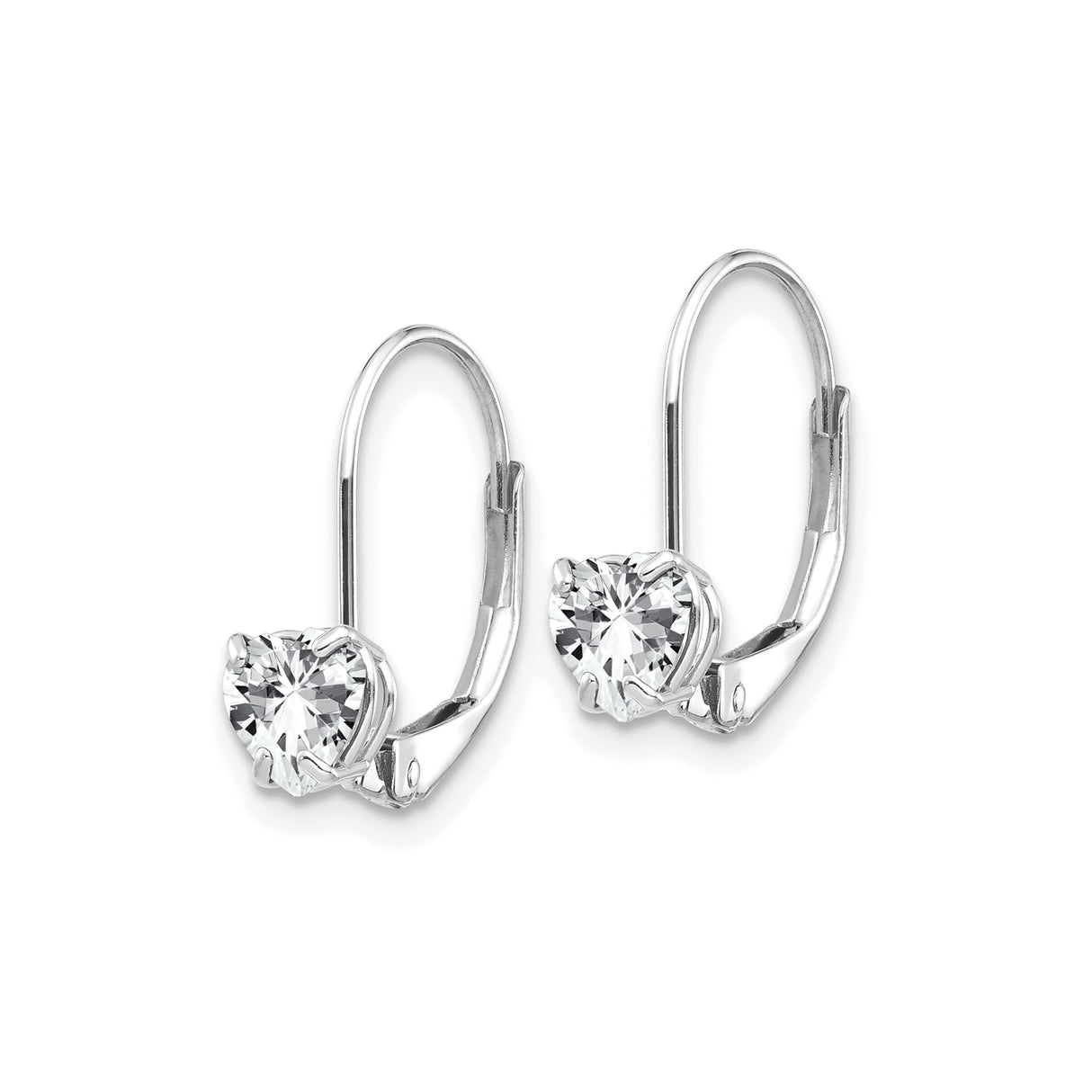 14k White Gold Heart Shaped Leverback Earrings with Clear Cubic Zirconia Solitaire
