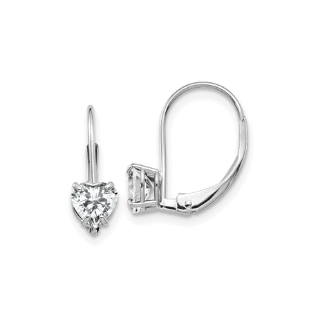 14k White Gold Heart Shaped Leverback Earrings with Clear Cubic Zirconia Solitaire