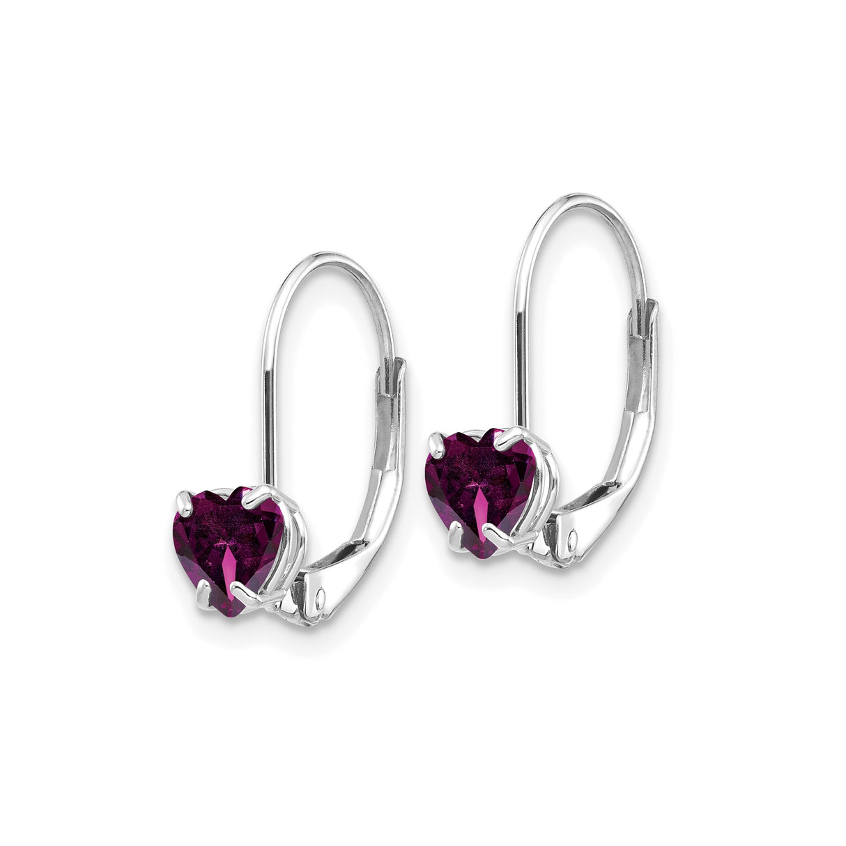 14k White Gold Heart Leverback Earrings with Rhodolite Garnet Drop Design