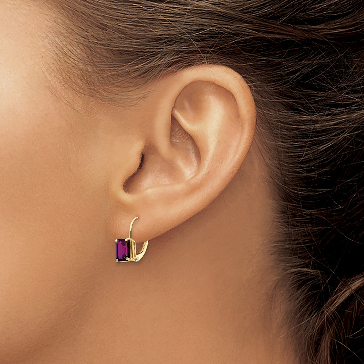 14k Yellow Gold Leverback Earrings with Emerald Cut Amethyst, Classic Drop Style for Women