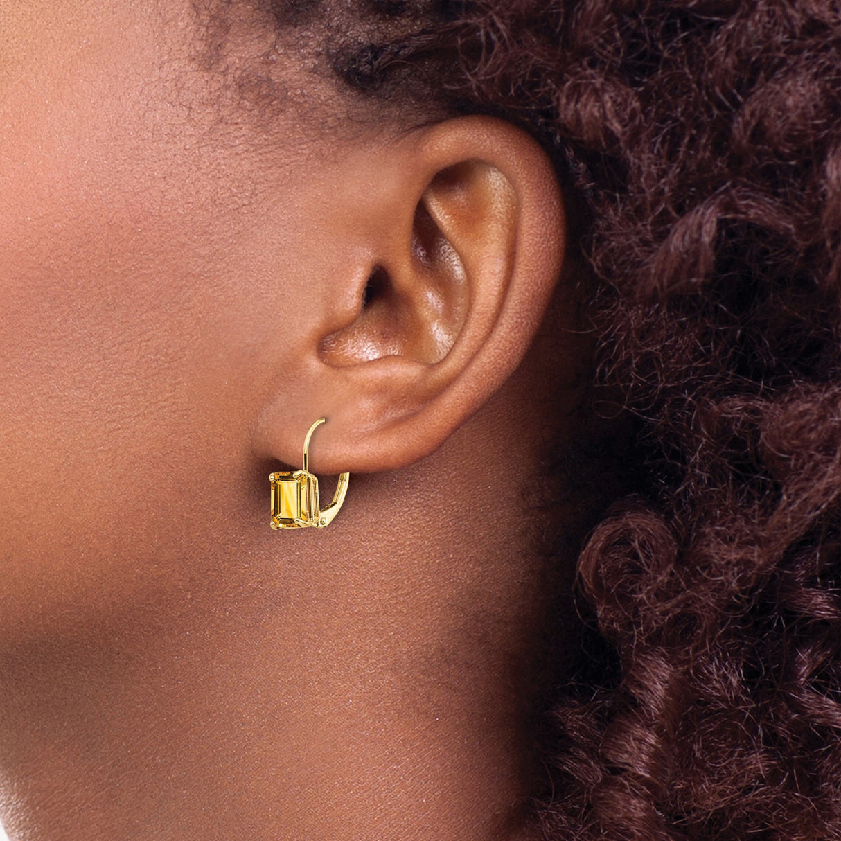 14k Yellow Gold Leverback Earrings with Emerald Cut Citrine Dangle Design for Women