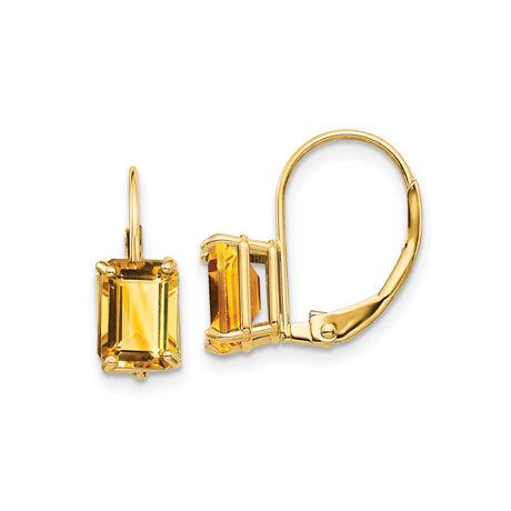 14k Yellow Gold Leverback Earrings with Emerald Cut Citrine Dangle Design for Women