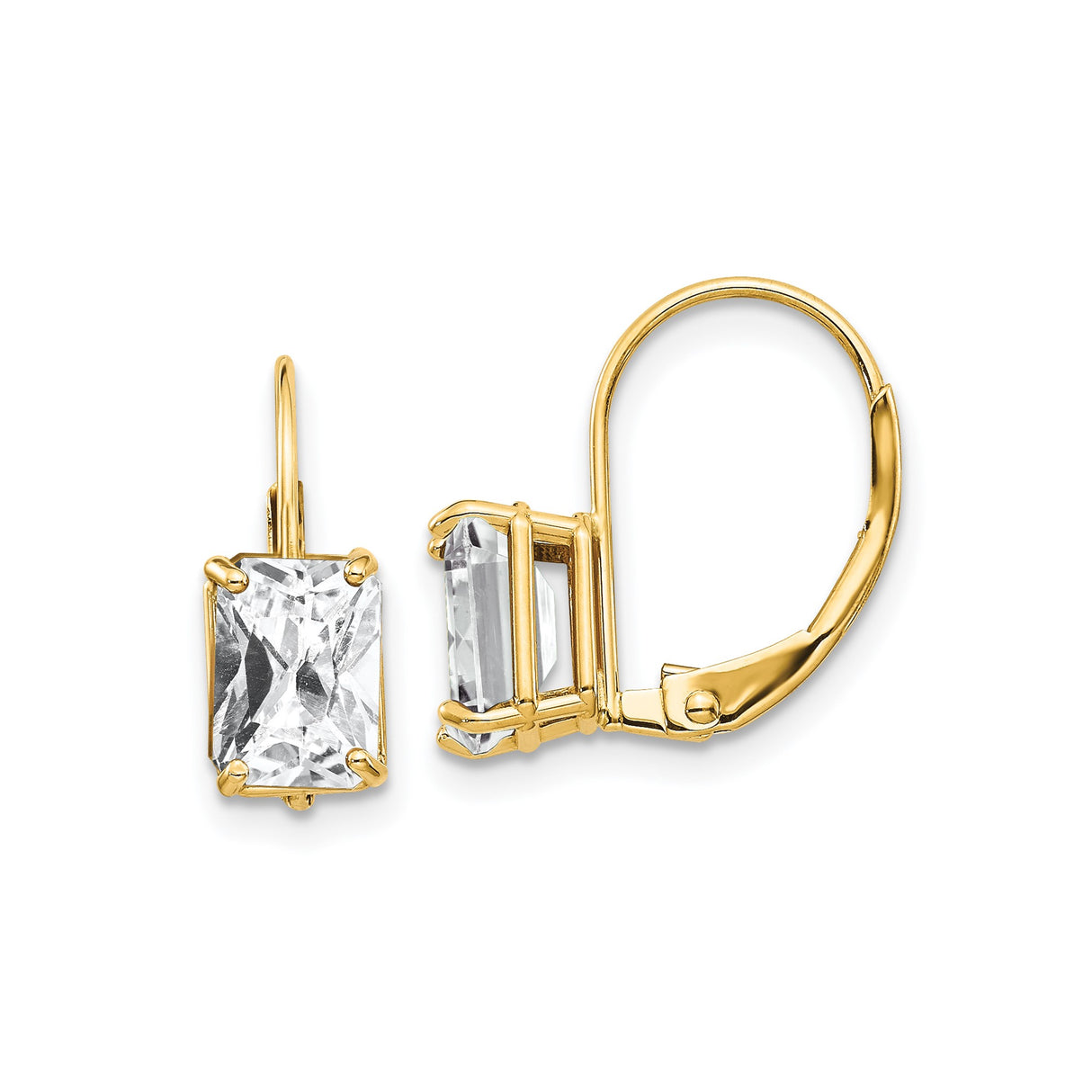 14k Yellow Gold Leverback Earrings with Rectangular Cubic Zirconia in Prong Setting