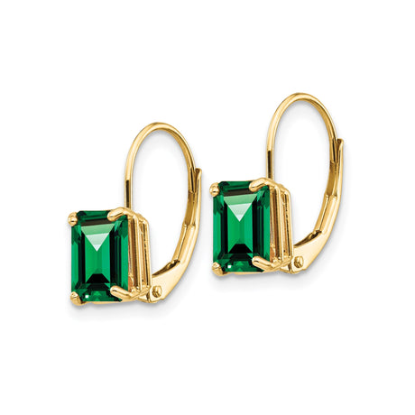 14k Yellow Gold Leverback Earrings with Emerald Cut Green Helenite, Drop Design for Women