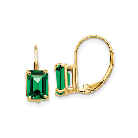 14k Yellow Gold Leverback Earrings with Emerald Cut Green Helenite, Drop Design for Women
