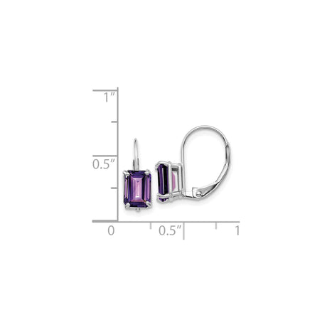 14k White Gold Leverback Earrings with Emerald Cut Amethyst Gemstones