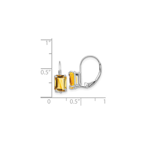 14k White Gold Leverback Earrings with Rectangular Citrine, Minimalist Modern Design