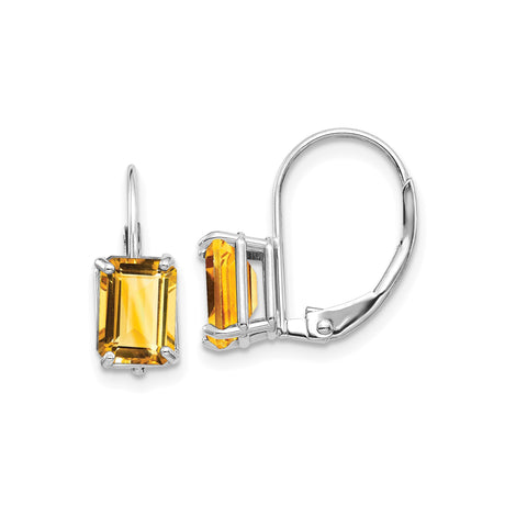 14k White Gold Leverback Earrings with Rectangular Citrine, Minimalist Modern Design