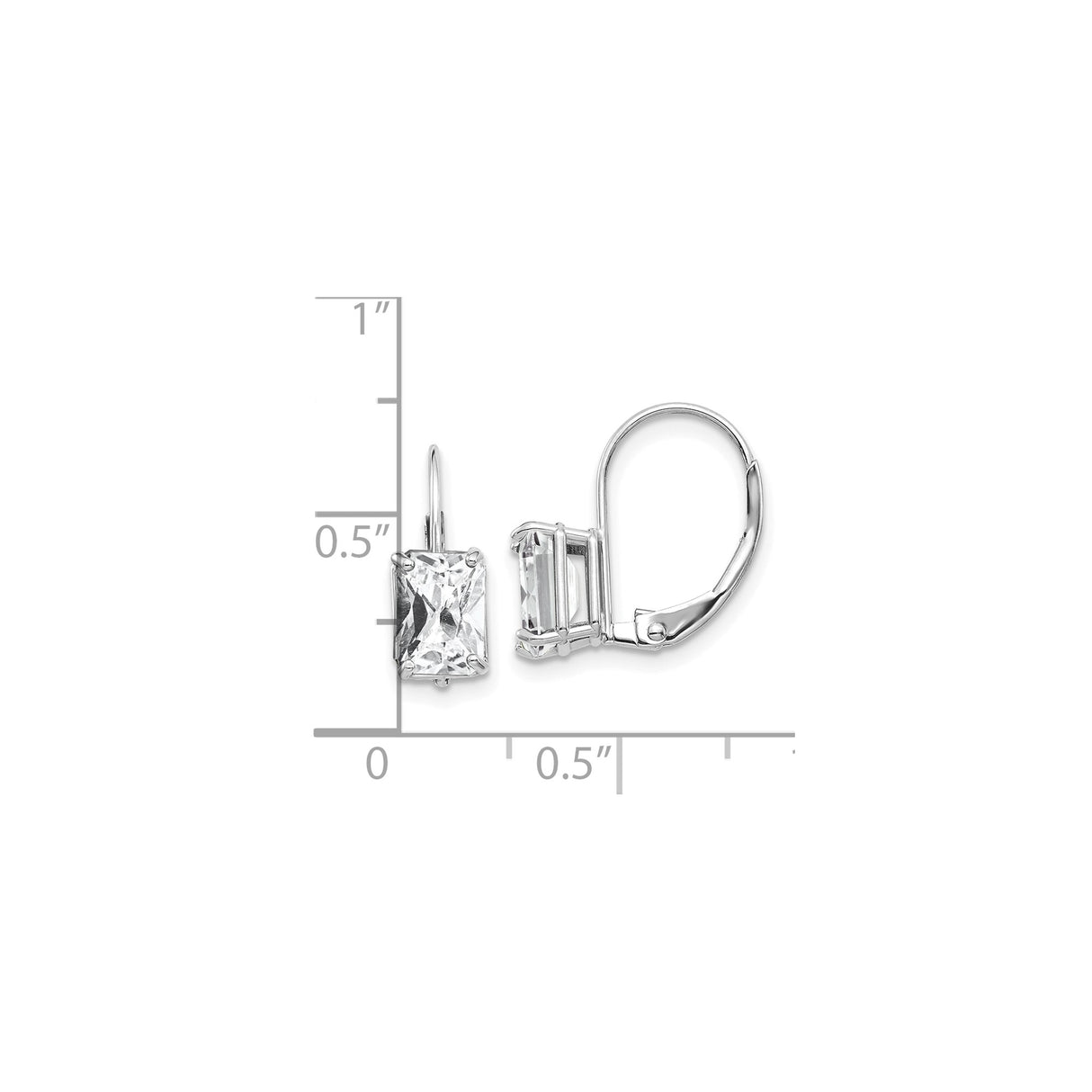 14k White Gold Leverback Earrings with Rectangular Cut Cubic Zirconia, Prong Set Drop Design