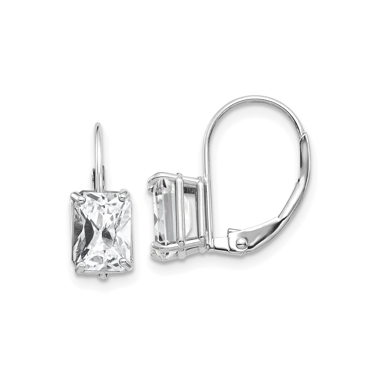 14k White Gold Leverback Earrings with Rectangular Cut Cubic Zirconia, Prong Set Drop Design
