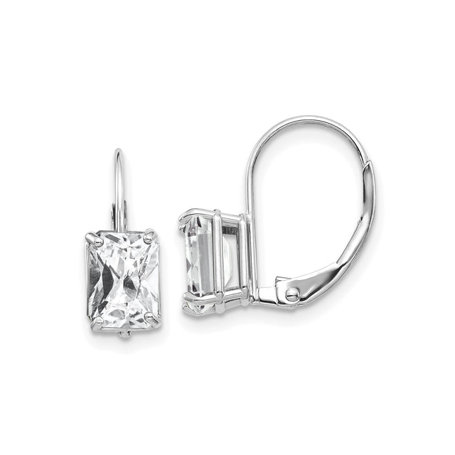 14k White Gold Leverback Earrings with Rectangular Cut Cubic Zirconia, Prong Set Drop Design