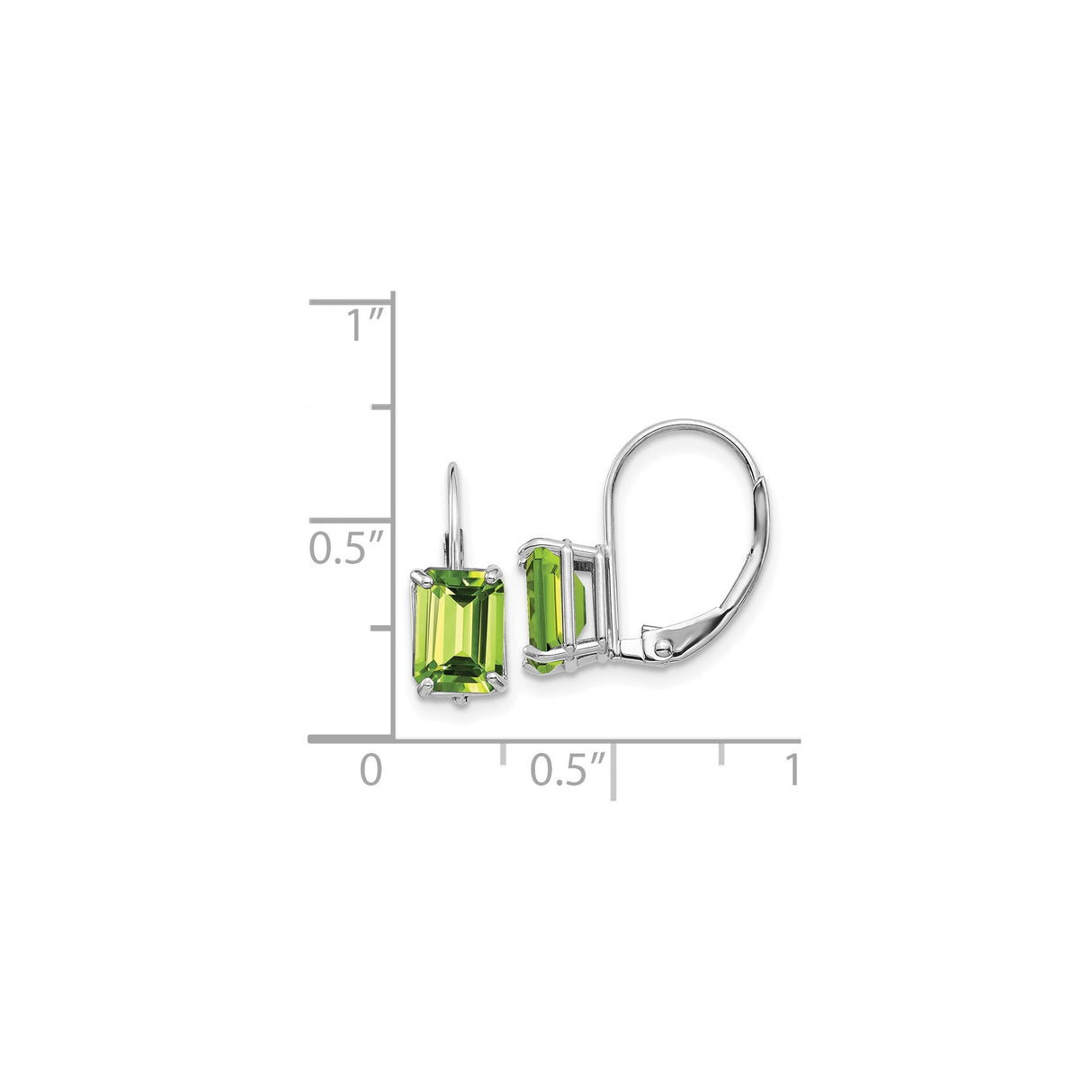 14k White Gold Leverback Earrings with Peridot, Emerald Cut, Modern Minimalist Drop Design