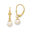 14k Yellow Gold Drop Earrings with White Cultured Pearls, Leverback, Vintage Inspired Design