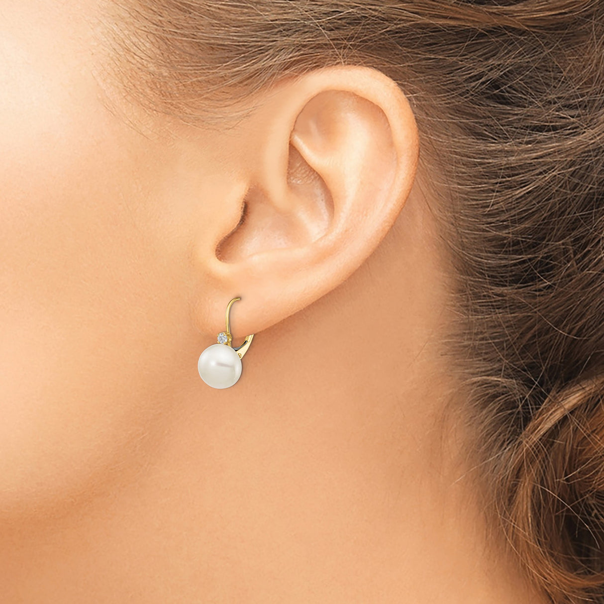 14k Yellow Gold Dangle Earrings with Cultured Freshwater Pearls and Diamonds, Leverback Design