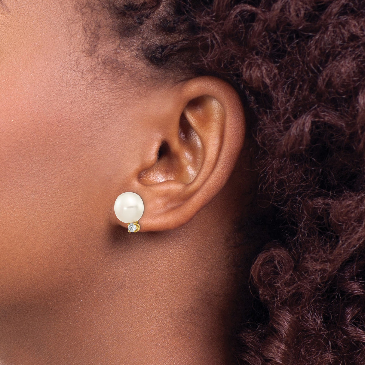 14k Yellow Gold Pearl Stud Earrings with Diamond Accent, Classic Bridal Style for Women