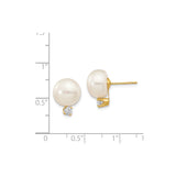 14k Yellow Gold Pearl Stud Earrings with Diamond Accent, Classic Bridal Style for Women
