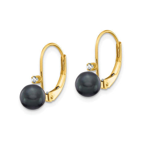 14k Yellow Gold Leverback Earrings with Black Cultured Pearls and Diamond Accent