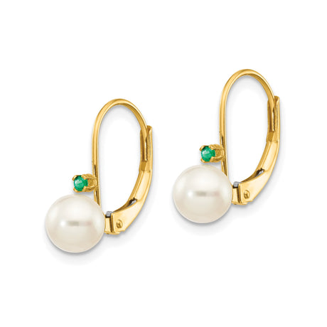 14k Yellow Gold Leverback Earrings with Cultured Pearls and Emerald Accents, Drop Design for Women