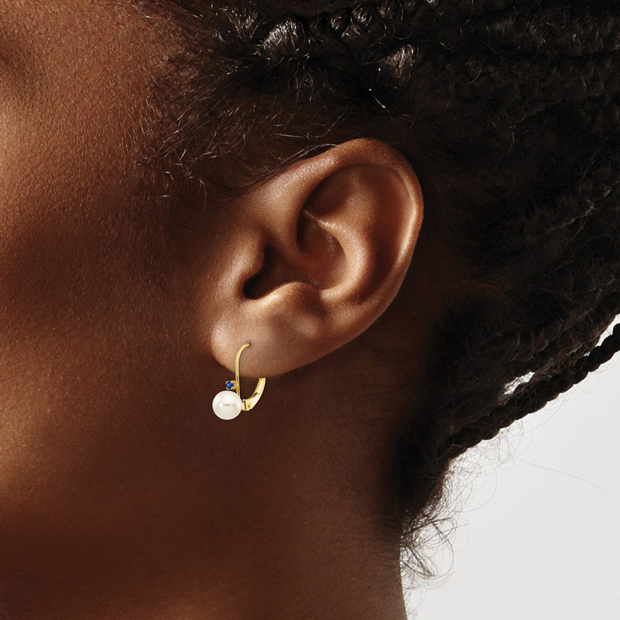 14k Yellow Gold Leverback Earrings with White Cultured Pearls and Blue Sapphire Accents