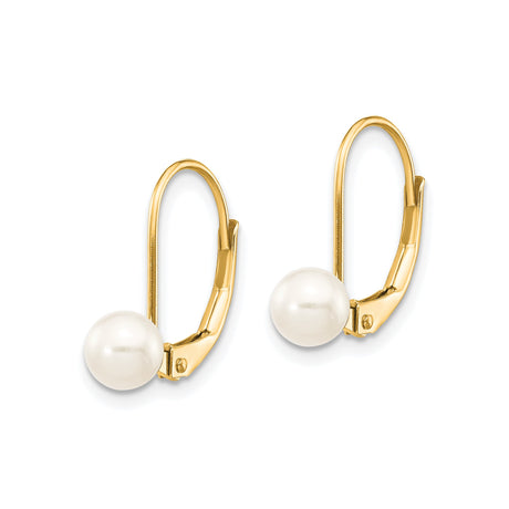 14k Yellow Gold Leverback Earrings with Round White Cultured Pearls, Classic Drop Design