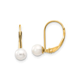 14k Yellow Gold Leverback Earrings with Round White Cultured Pearls, Classic Drop Design