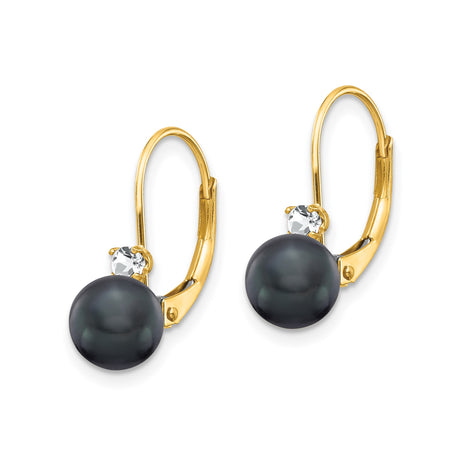 14k Yellow Gold Leverback Earrings with Black Cultured Pearls and Diamond Accents