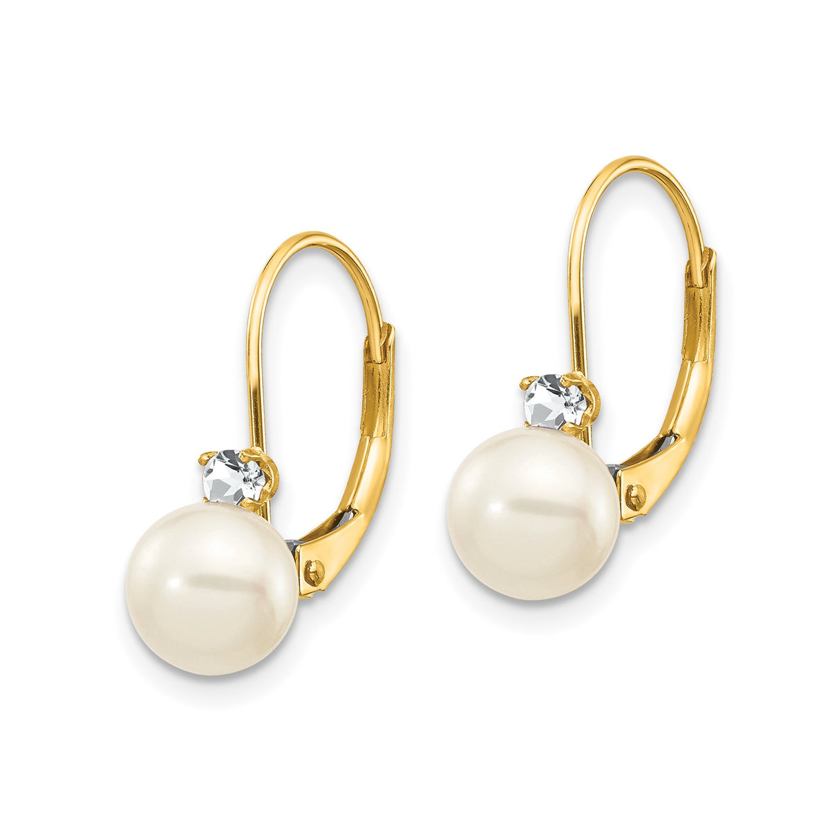 14k Yellow Gold Leverback Earrings with White Cultured Pearls and Cubic Zirconia Accents