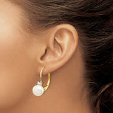 14k Yellow Gold Leverback Earrings with White Cultured Pearls and Cubic Zirconia Accents