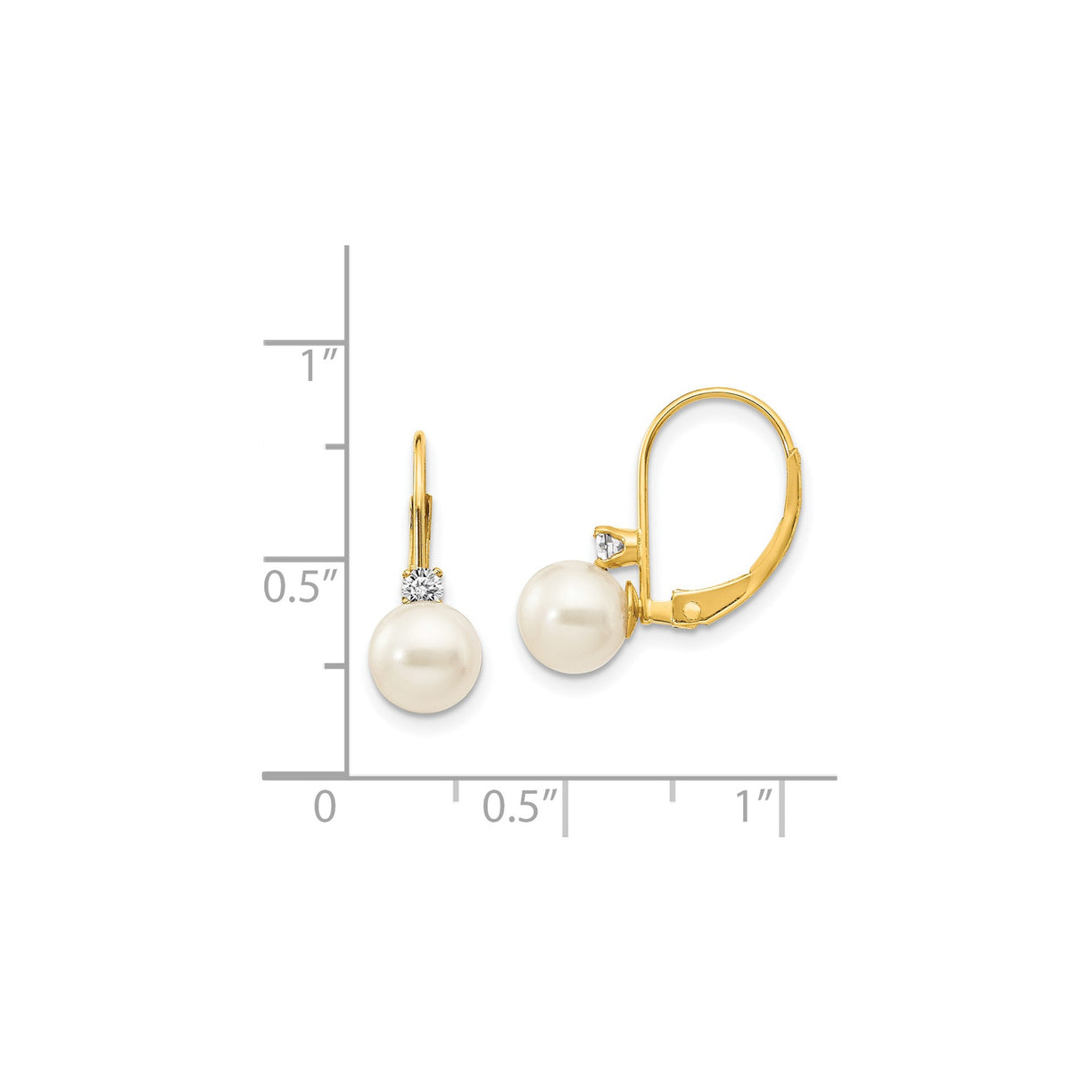 14k Yellow Gold Leverback Earrings with White Cultured Pearls and Cubic Zirconia Accents