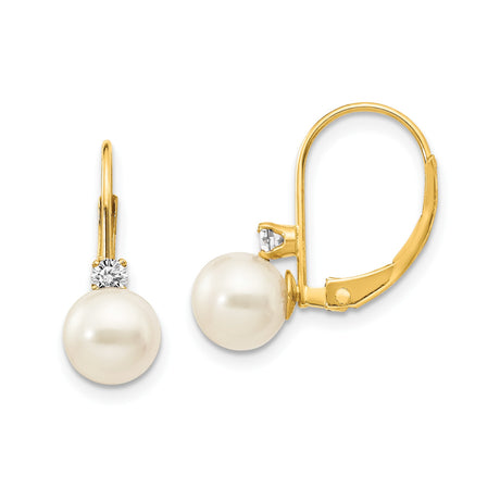 14k Yellow Gold Leverback Earrings with White Cultured Pearls and Cubic Zirconia Accents
