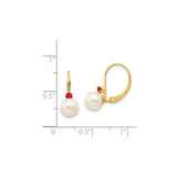 14k Yellow Gold Drop Earrings with White Pearls and Ruby Accents, Leverback Dangle Design