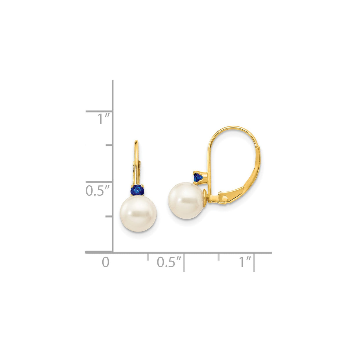 14k Yellow Gold Leverback Drop Earrings with White Cultured Pearls and Blue Sapphires