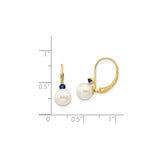14k Yellow Gold Leverback Drop Earrings with White Cultured Pearls and Blue Sapphires