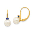 14k Yellow Gold Leverback Drop Earrings with White Cultured Pearls and Blue Sapphires
