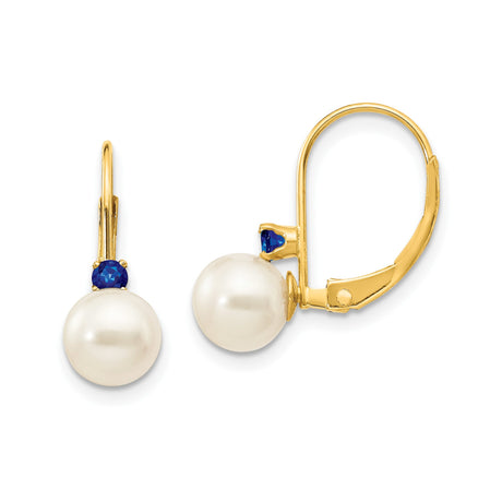 14k Yellow Gold Leverback Drop Earrings with White Cultured Pearls and Blue Sapphires