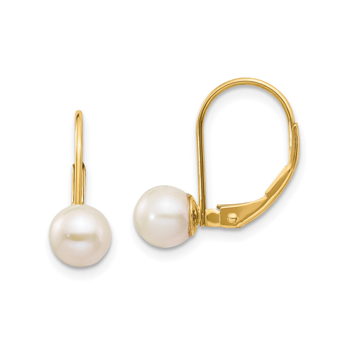 14k Yellow Gold Leverback Earrings with White Cultured Pearls, Classic Drop Style for Women