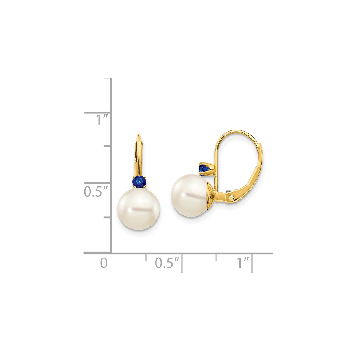 14k Yellow Gold Leverback Earrings with White Freshwater Pearls and Blue Sapphires, Dangle Design