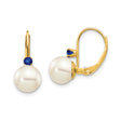 14k Yellow Gold Leverback Earrings with White Freshwater Pearls and Blue Sapphires, Dangle Design