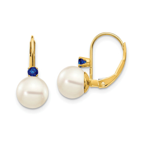 14k Yellow Gold Leverback Earrings with White Freshwater Pearls and Blue Sapphires, Dangle Design