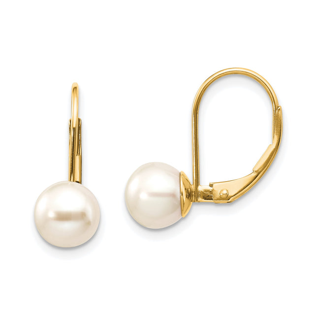14k Yellow Gold Leverback Drop Earrings with White Freshwater Cultured Pearls, Classic Bridal Style
