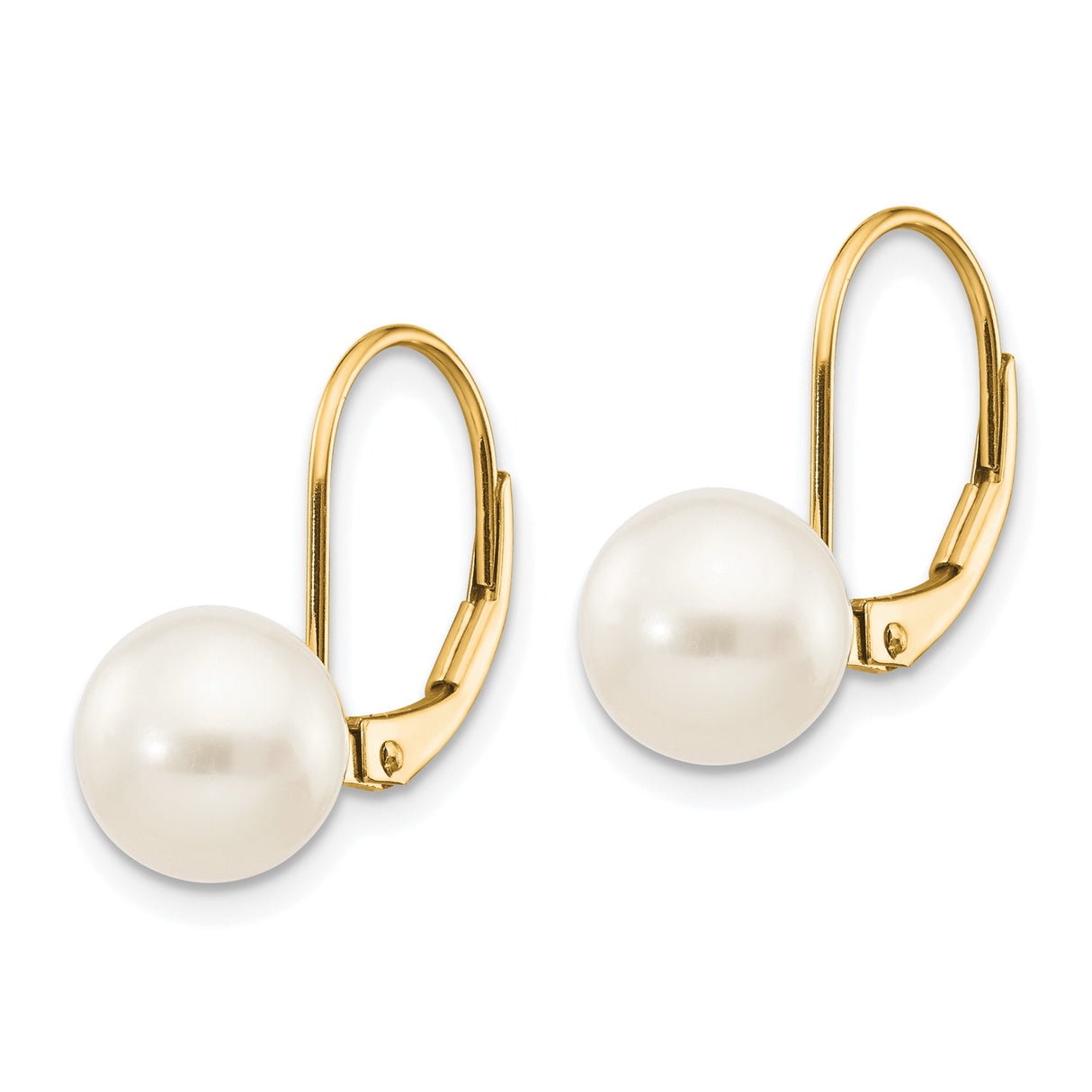 14k Yellow Gold Leverback Earrings with White Freshwater Pearls, Classic Dangle Design