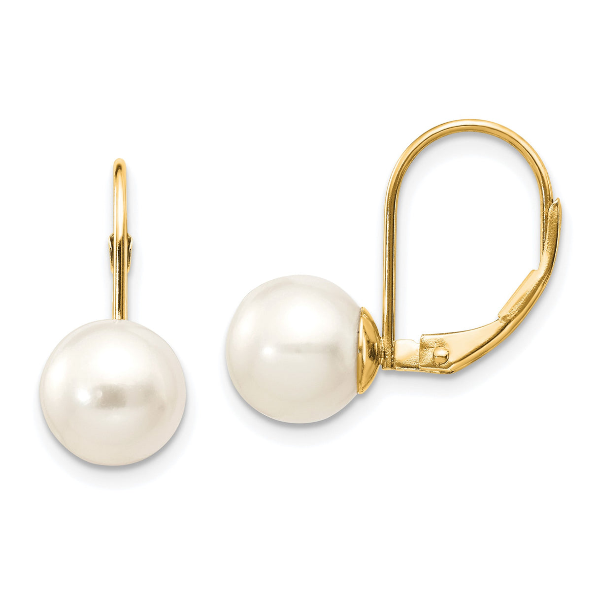 14k Yellow Gold Leverback Earrings with White Freshwater Pearls, Classic Dangle Design