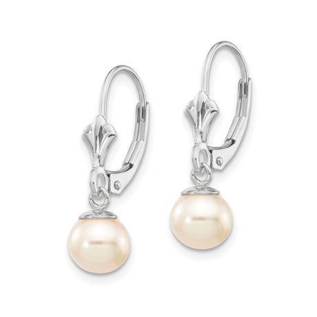 14k White Gold Drop Earrings with Cultured Round White Pearls, Leverback Closure