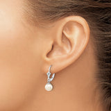 14k White Gold Drop Earrings with Cultured Round White Pearls, Leverback Closure