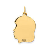 Plain Medium .035 Gauge Facing Right Engravable Girl Head Charm Pendant in Real 14k Yellow Gold