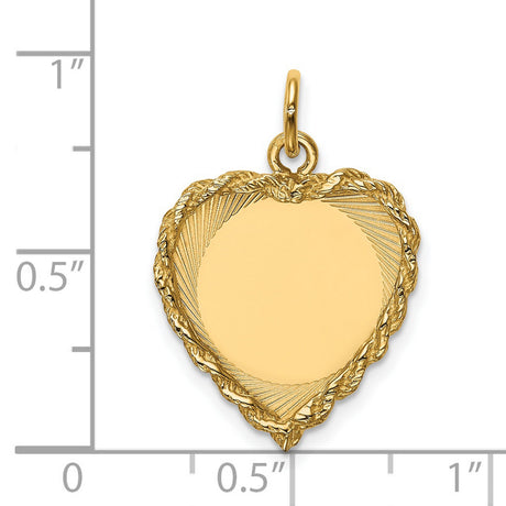 14k Yellow Gold Heart Pendant with Textured Border, Engravable Charm for Women